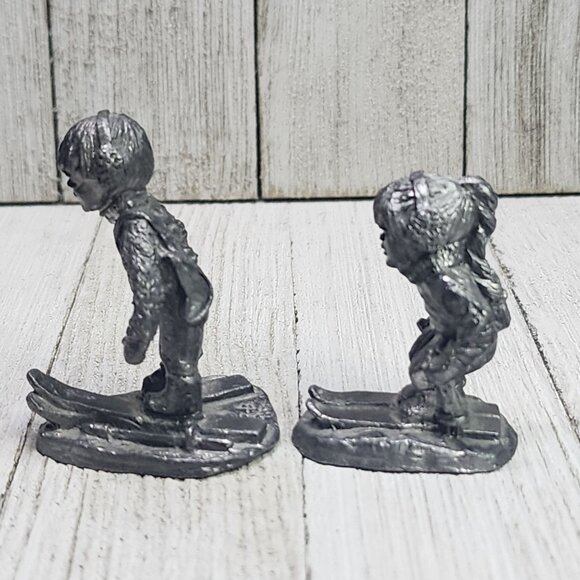 Vintage Ricker Bartlett Pewter Figurines Boy and Girl Skiing 1980's SET - Picture 2 of 9